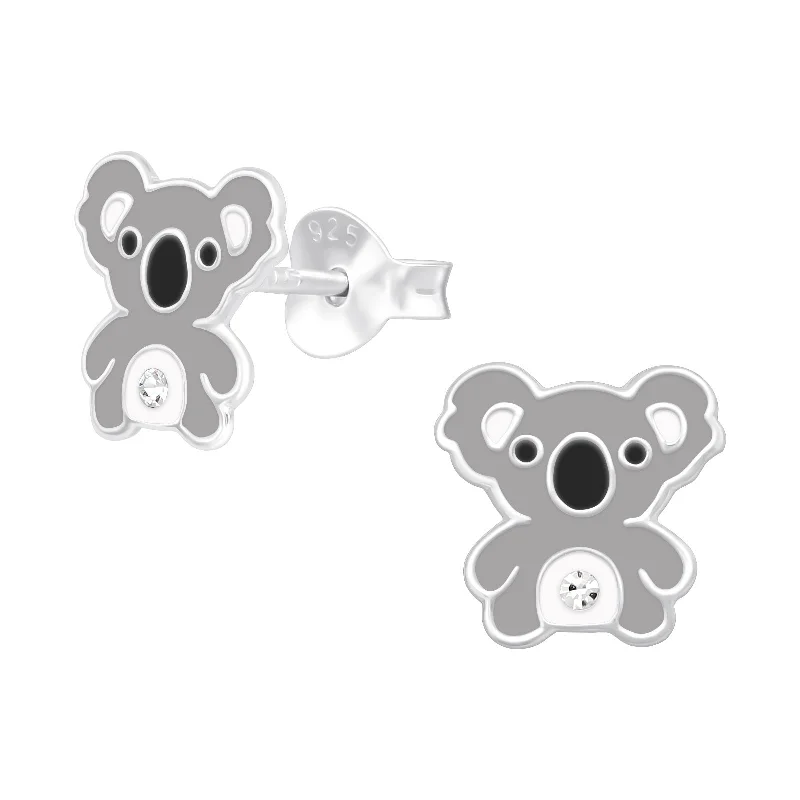 Crystal Stud Earrings for Sparkle -Children's Sterling Silver 'Cute Koala Bear with Crystal' Stud Earrings