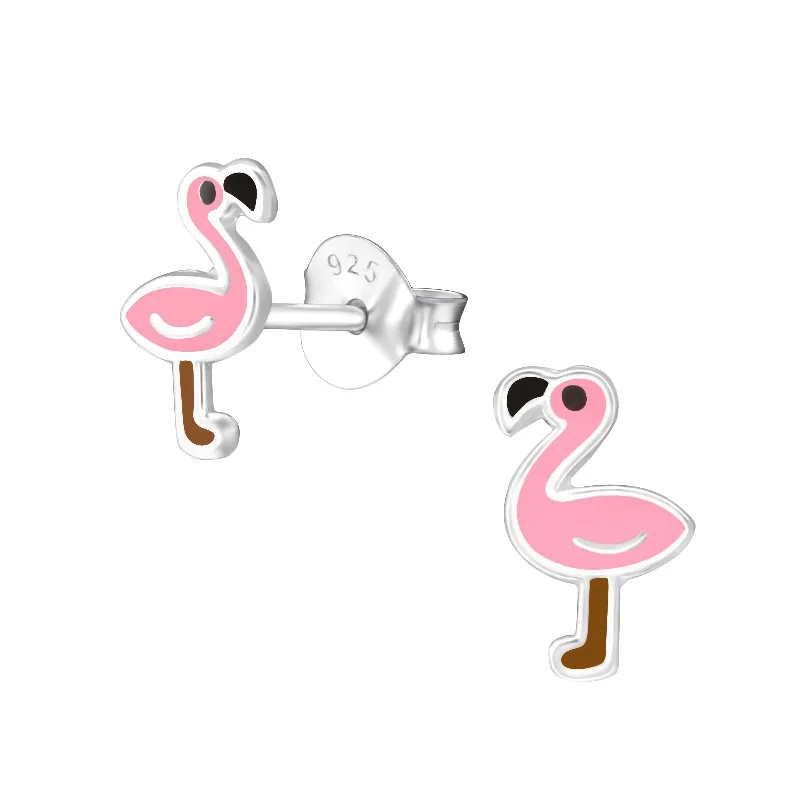 Stud Earrings with Wave Designs -Children's Sterling Silver Flamingo Stud Earrings