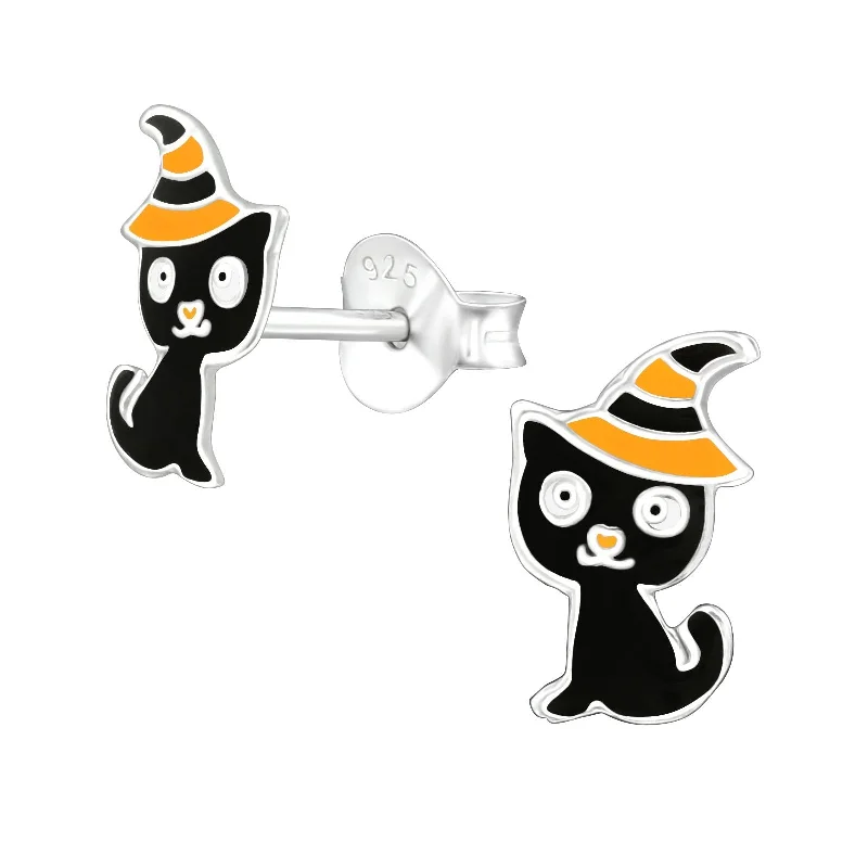 Stud Earrings for Prom Night -Children's Sterling Silver Halloween Cat Stud Earrings