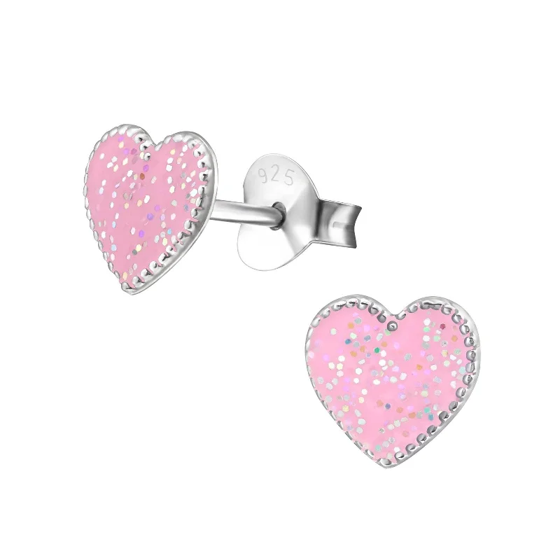 Stud Earrings for Wedding Ceremony -Children's Sterling Silver Pink Glitter Heart Stud Earrings