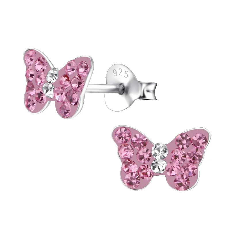 Stud Earrings with Animal Motifs -Children's Sterling Silver 'Pink Sparkle Butterfly' Crystal Stud Earrings