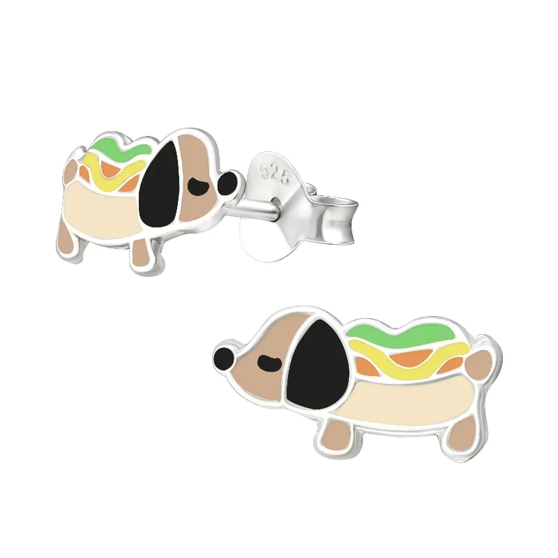 Stud Earrings with Symbolic Elements -Children's Sterling Silver Puppy Hot Dog Stud Earrings