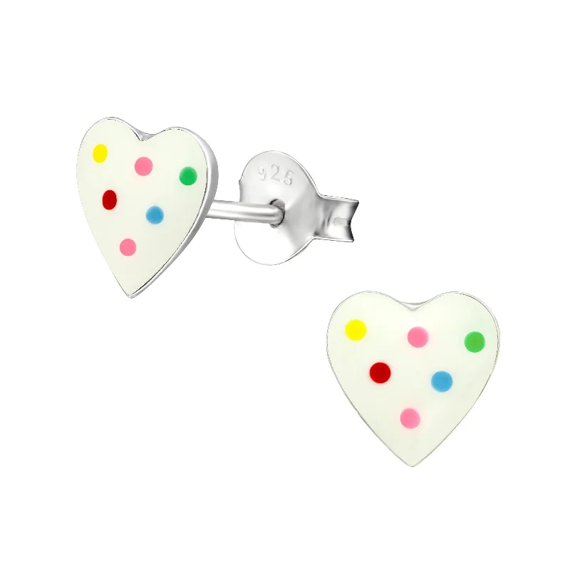 Stud Earrings with Textured Surface -Children's Sterling Silver Rainbow Spot Heart Stud Earrings