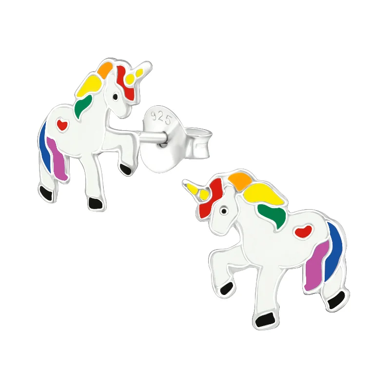 Stud Earrings for Work Attire -Children's Sterling Silver Rainbow Unicorn Stud Earrings