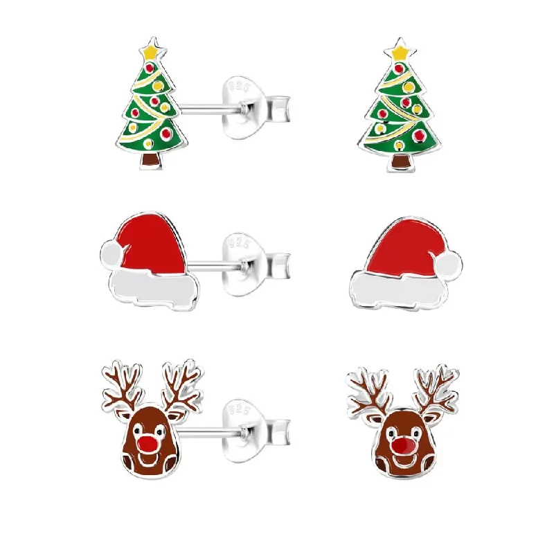 Oval Stud Earrings for Grace -Children's Sterling Silver Set of 3 Pairs of Christmas Magic Themed Stud Earrings