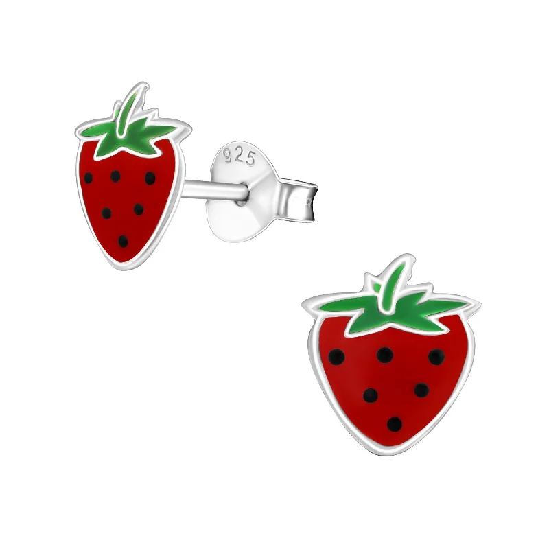 Stud Earrings for Fitness Activities -Children's Sterling Silver 'Strawberry' Stud Earrings