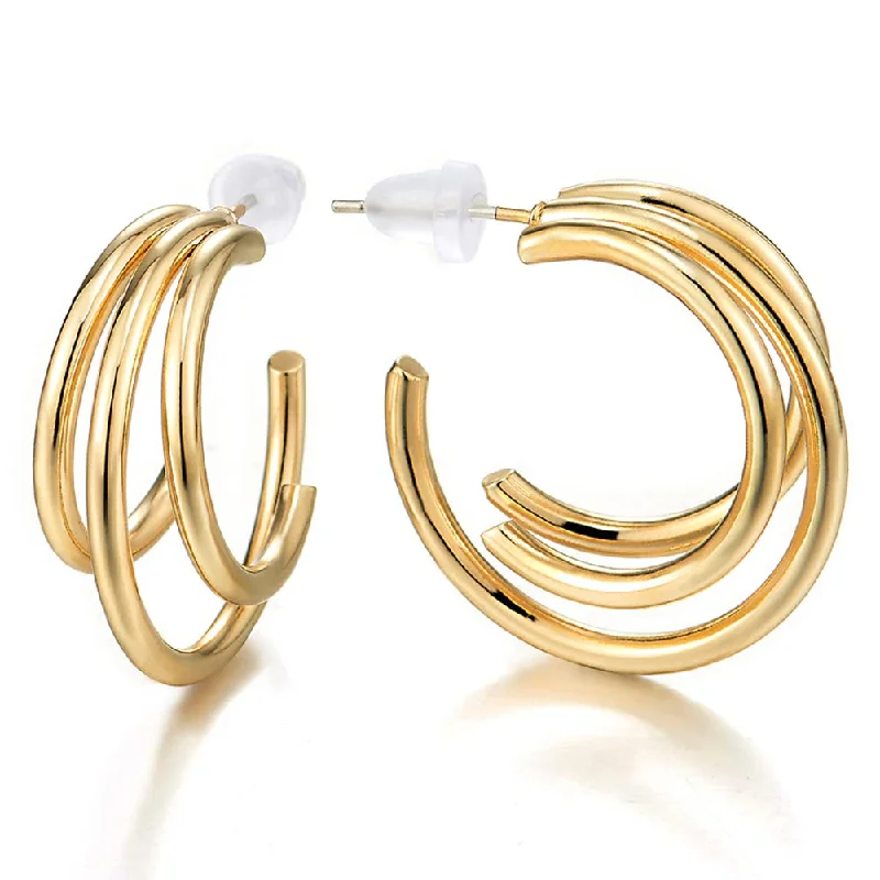 Stud Earrings for Festival Style -Classic Gold Color Circle Wires Hoop Huggie Hinged Stud Earrings Three