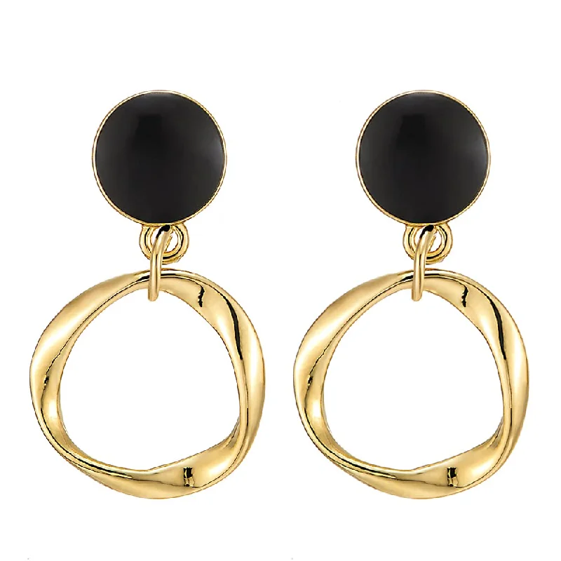 Stud Earrings for Yoga Session -Classic Gold Color Twisted Wreath Open Circle Drop Dangle Stud Earrings with Black Enamel