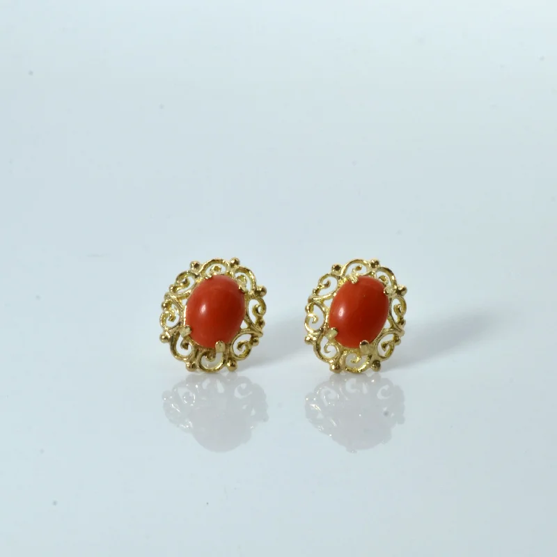 Stud Earrings with Etching -London 1978 Coral Filigree Stud Earrings | 1.50ctw |