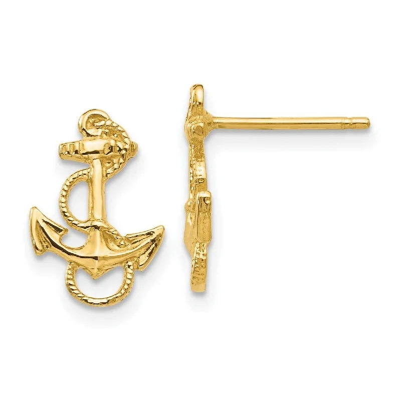 Stud Earrings with Embossed Patterns -Curata 14k Yellow Gold Textured Rope and Anchor Post Stud Earrings (9mmx12mm) - White