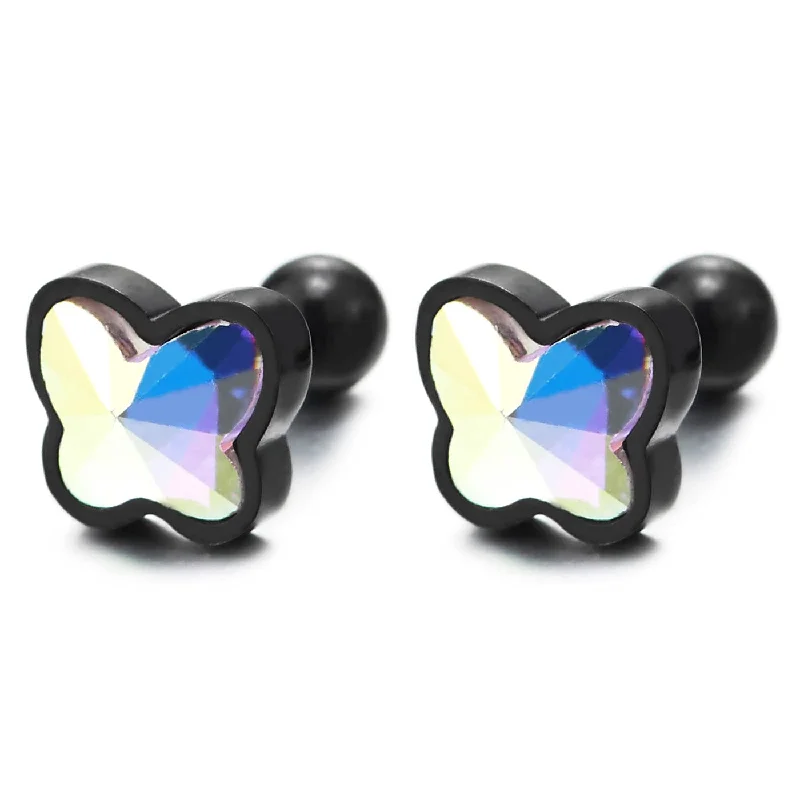 Stud Earrings for Work Attire -Cute Black Butterfly Stud Earrings in Stainless Steel with Rainbow Crystal, Screw Back, Unique 2 pcs