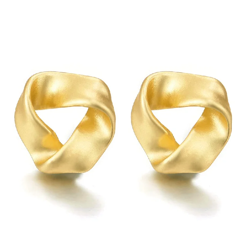 Stud Earrings with Etching -Cute Gold Color Twisted Triangle Ribbon Stud Earrings Satin Finishing