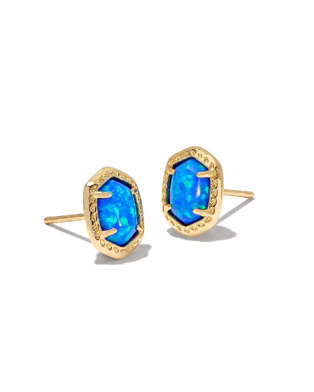 Stud Earrings with Keyhole Designs -Daphne Framed Stud Earrings in Gold Bright Blue Kyocera Opal