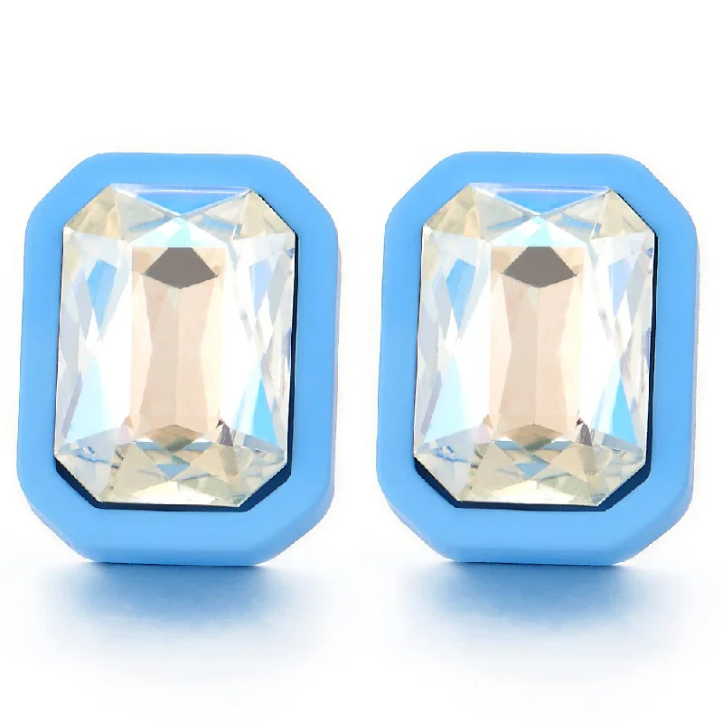 Double Stud Earrings for Impact -Dazzling Blue Rectangle Statement Stud Earrings with Crystals Wedding Bridal Party