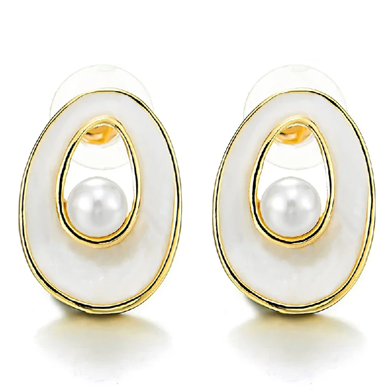 Hippie Stud Earrings with Beads -Elegant Gold Color Oval Stud Earrings with Enamel and Pearl