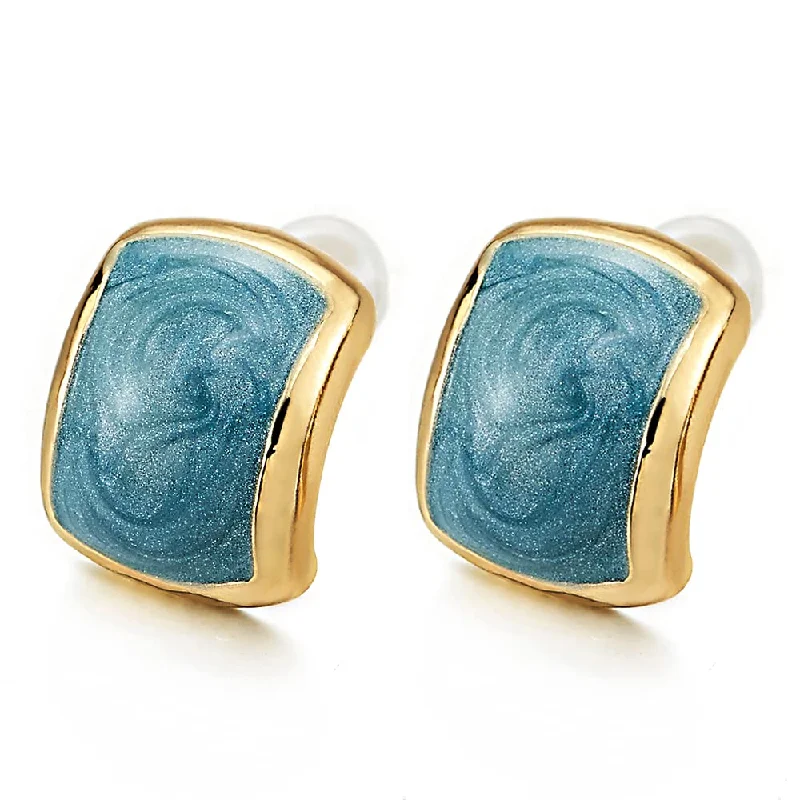 Stud Earrings with Rhinestones -Elegant Gold Color Puff Cushion Stud Earrings with Aqua Blue Enamel