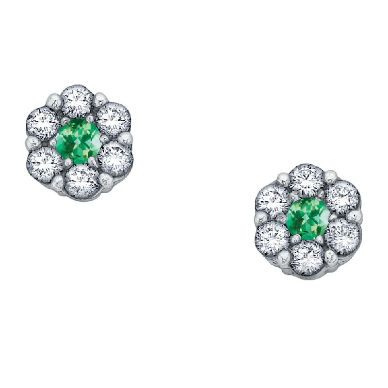 Ethnic Stud Earrings with Tribal Design -Emerald and Diamond Flower Stud Earrings