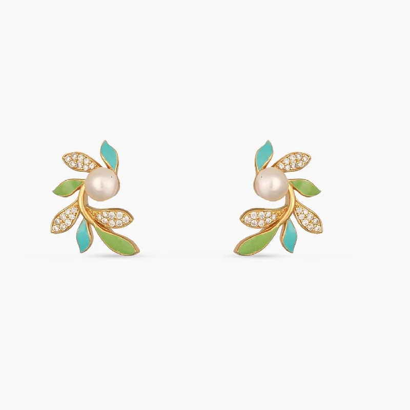 Pearl Stud Earrings for Elegance -Eriha Pearl CZ Green Leaf Stud Earrings