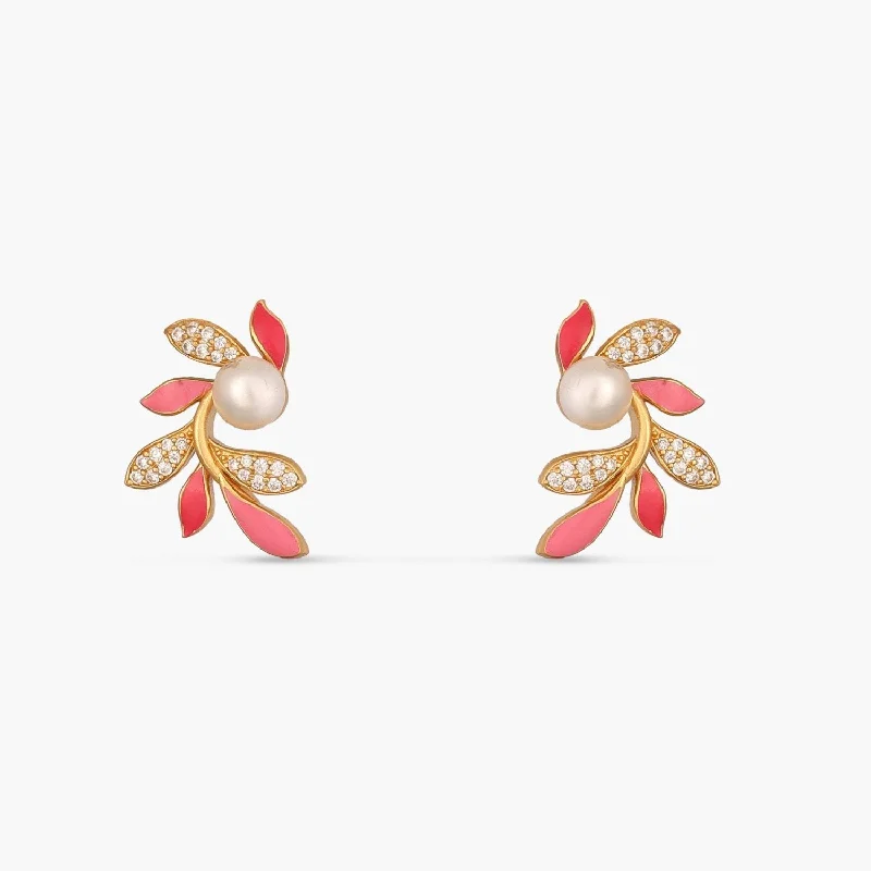 Gold Stud Earrings for Women -Eriha Pearl CZ Pink Leaf Stud Earrings