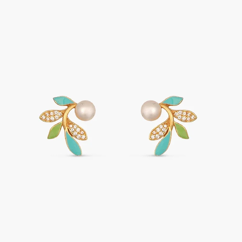 Small Stud Earrings for Delicate -Eriha Pearl Delicate Green Leaf Stud Earrings