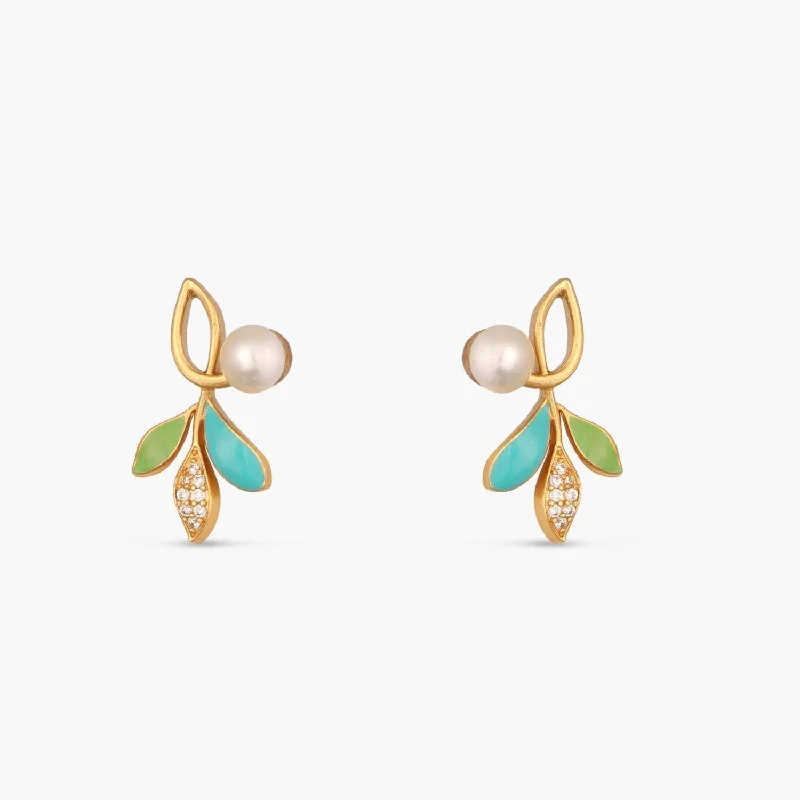 Gemstone Stud Earrings for Color -Eriha Pearl Statement Green Leaf Stud Earrings