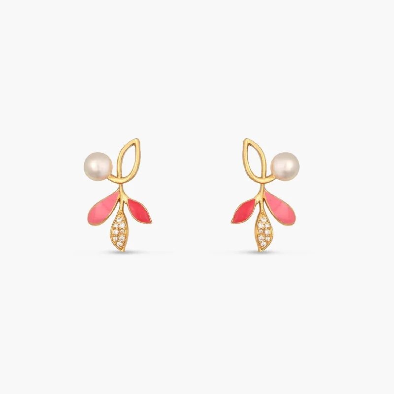 Stud Earrings with Knot Designs -Eriha Pearl Statement Pink Leaf Stud Earrings