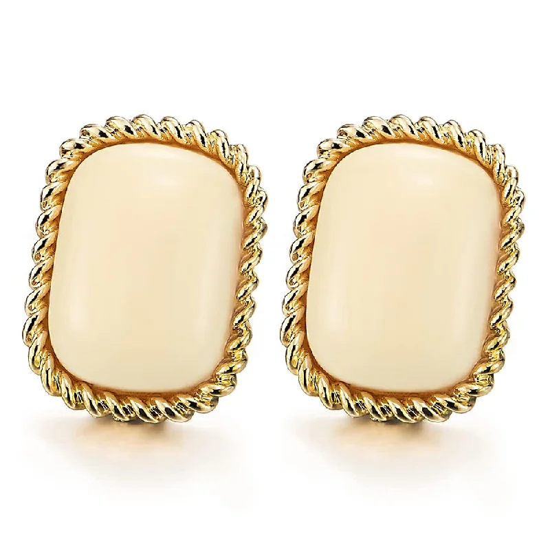 Triple Stud Earrings for Layered -Exquisite Gold Color Cushion Twisted Rope Statement Stud Earrings with Cream Acrylic