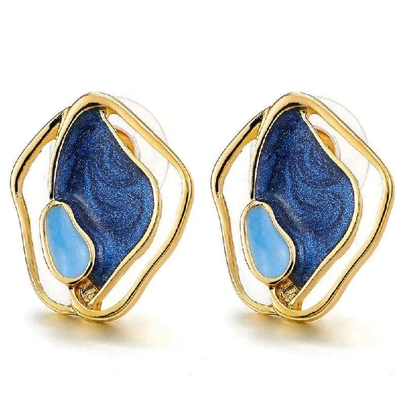 Magnetic Closure Stud Earrings for Easy -Fashion Style Gold Color Irregular Geometric Statement Stud Earrings with Blue Enamel