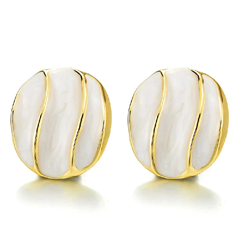 Indian Stud Earrings with Intricacy -Fashion Style Gold Color Irregular Grooved Wavy Oval Stud Earrings with White Enamel