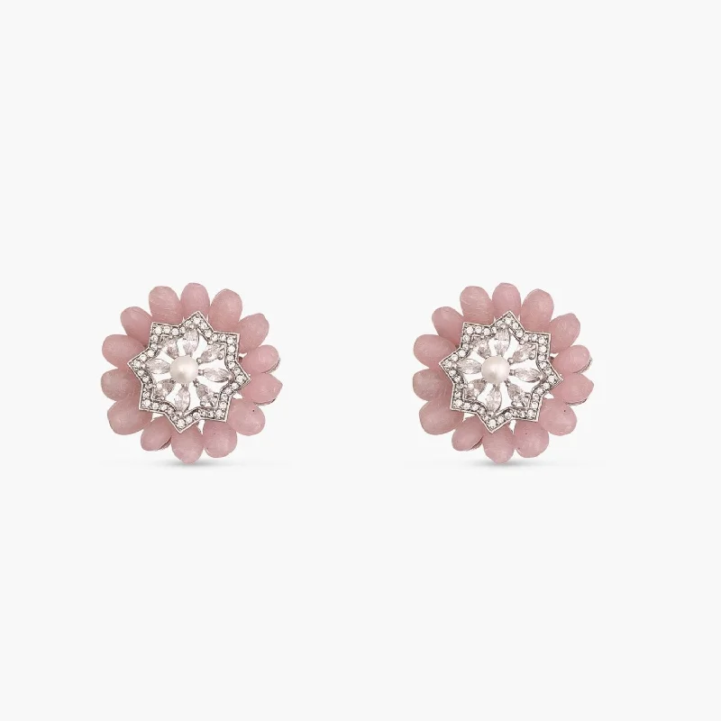 Stud Earrings with Star Motifs -Floral Charm CZ Pink Beads & Pearl Stud Earrings