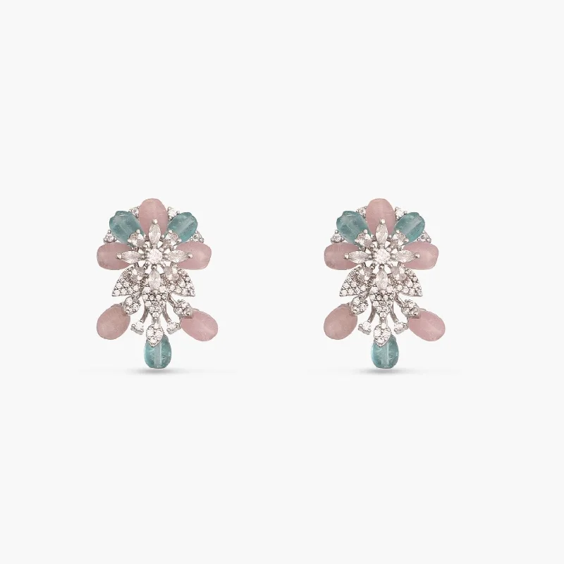 Heart Shaped Stud Earrings for Love -Floral Elegance CZ Aqua Beads Stud Earrings