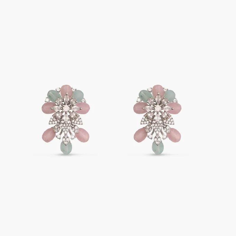 Stud Earrings with Crystals -Floral Elegance CZ Mint Beads Stud Earrings