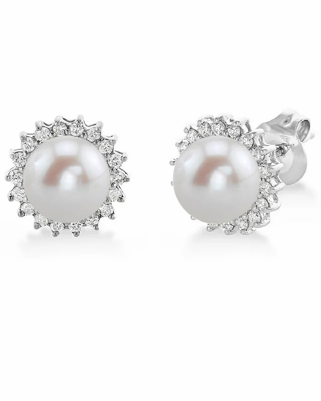 Stud Earrings for Party Look -Freshwater Pearl & Diamond Halo Stud Earrings