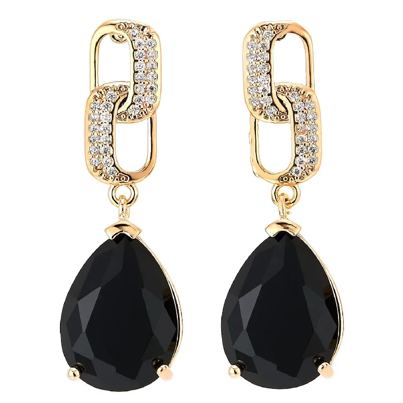 Heart Shaped Stud Earrings for Love -Gold Color Link Dangle Stud Earrings with Cubic Zirconia and Black Teardrop Gem Stone