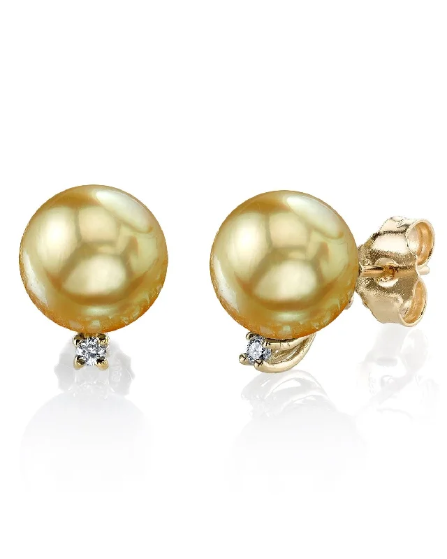 Push Back Stud Earrings for Convenience -Golden South Sea Pearl & Diamond Society Stud Earrings