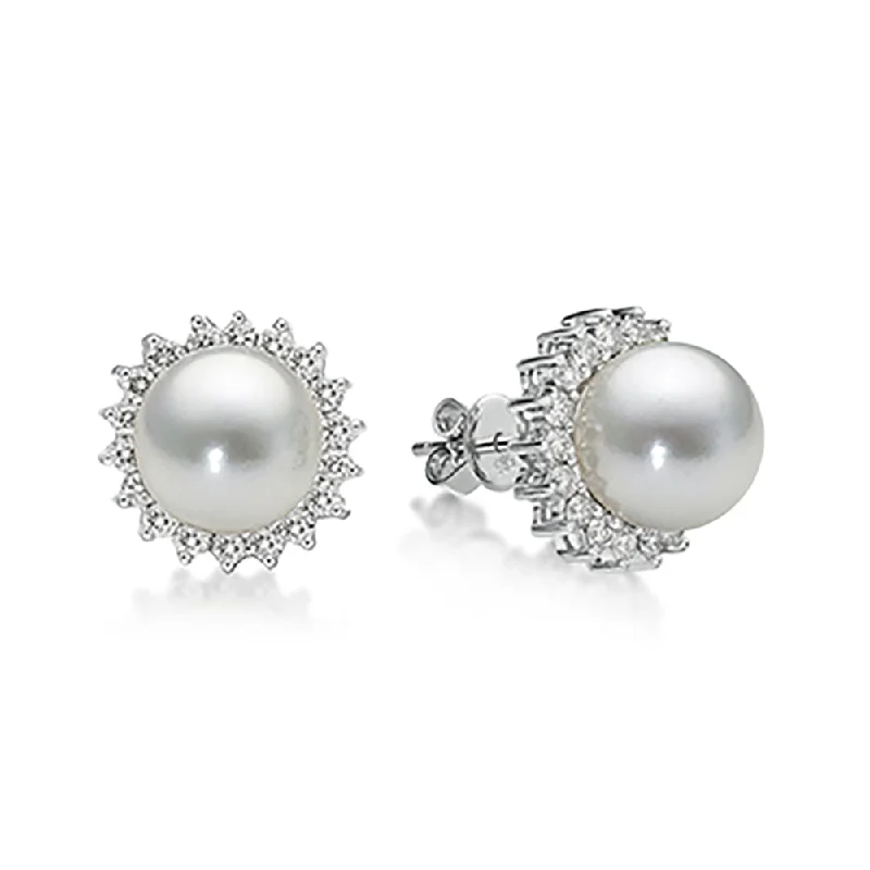 Stud Earrings with Chevron Designs -Pearl and Diamond Crown Stud Earrings