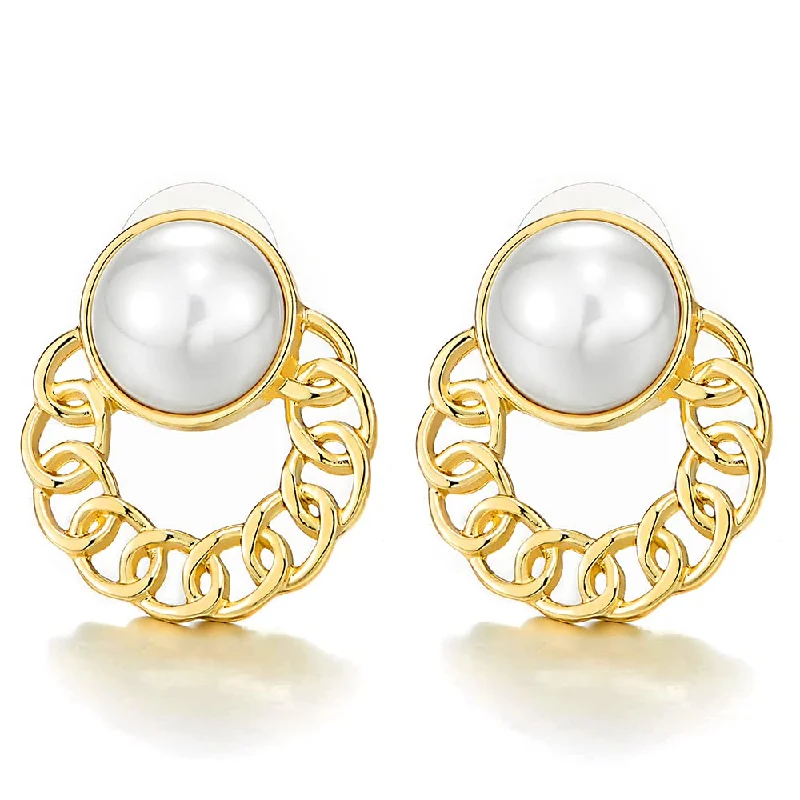 Oval Stud Earrings for Grace -Hipster Gold Color Cuban Curb Chain Wreath Circle Stud Earrings with Pearl