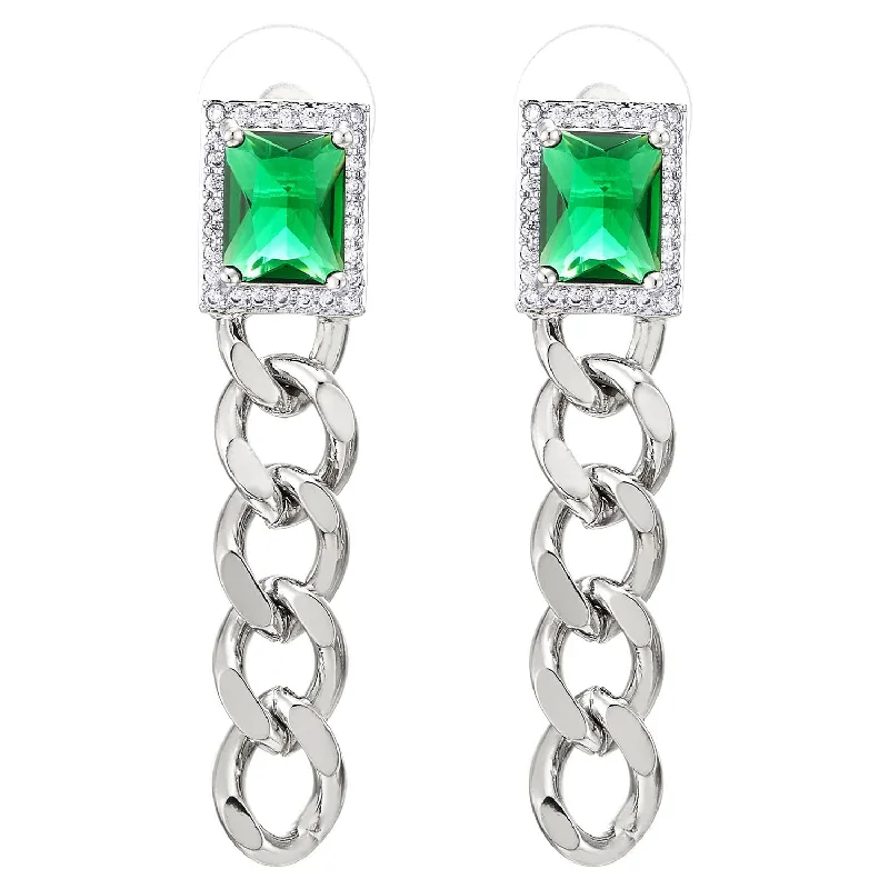 Hipster Rectangle Cuban Curb Chain Statement Drop Dangle Stud Earrings with Emerald Green Crystals