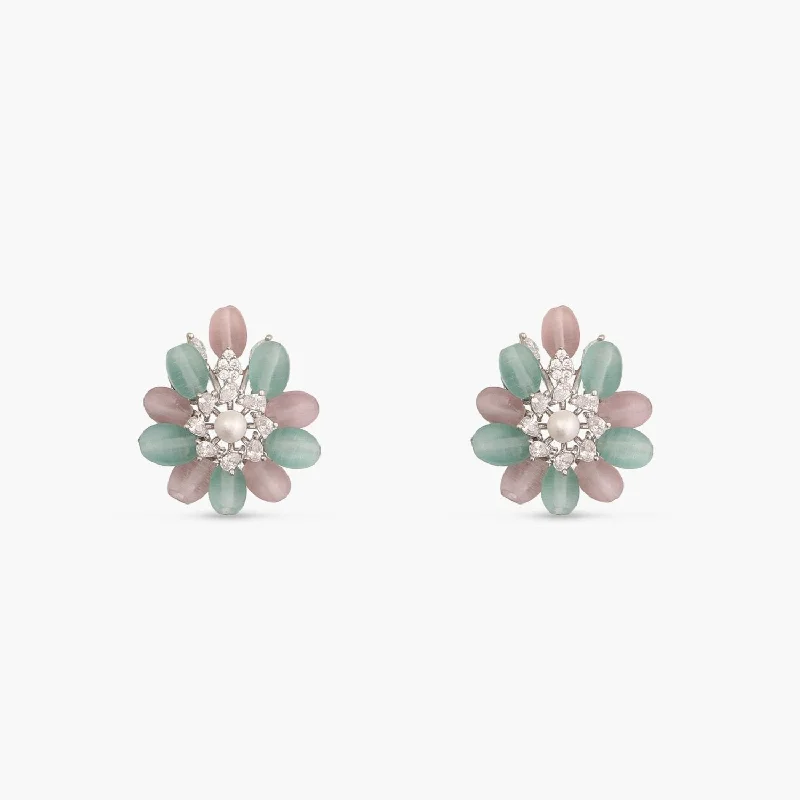 Floral Stud Earrings with Petals -Jasmine Delicate CZ Aqua Stud Earrings