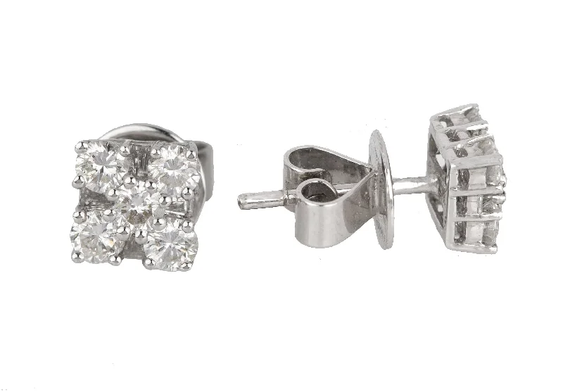 Stud Earrings for Wellness Routine -Ladies Solid 18k 750 White Gold 0.78ctw Diamond Cluster 6mm Square Stud Earrings