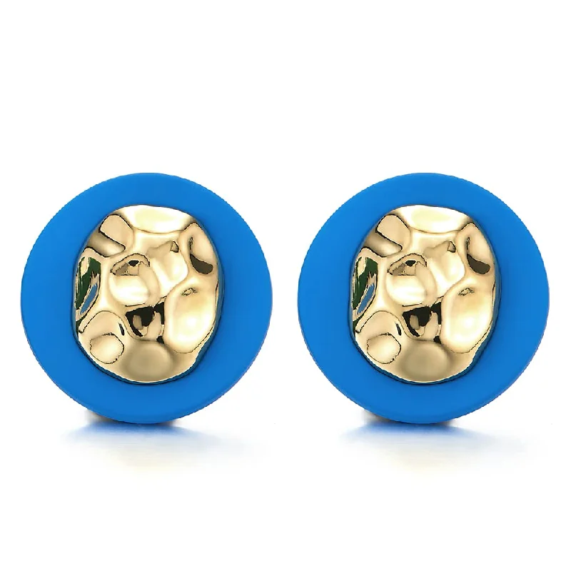 Heavy Duty Stud Earrings for Durability -Large Blue Gold Circle Irregular Convex Oval Statement Stud Earrings