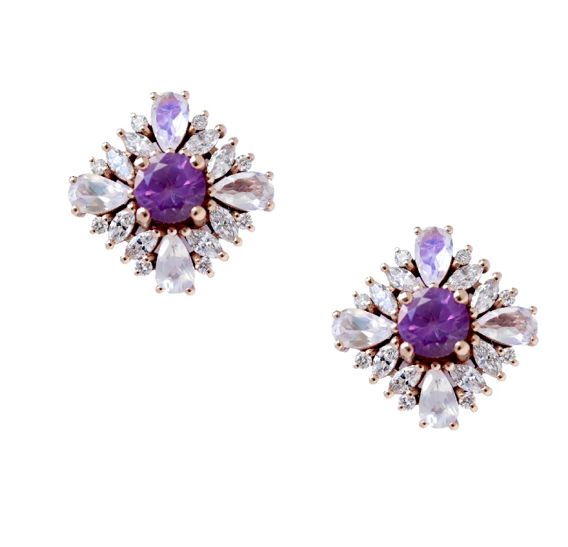 Silver Stud Earrings for Men -Lavender Sapphires Floral Stud Earrings - "Odisea" ♥