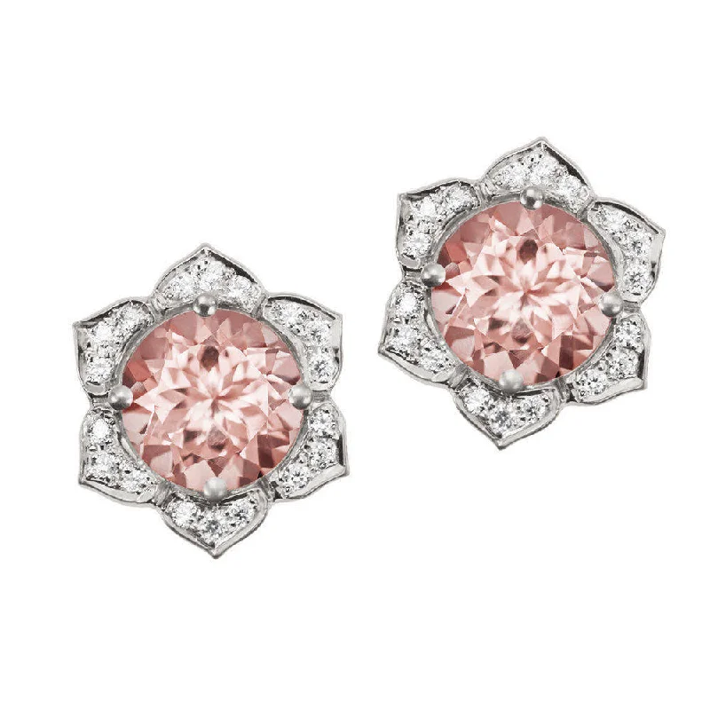 Stud Earrings with Animal Motifs -"Lily Flower"  Morganite & Diamonds Stud Earrings ♥