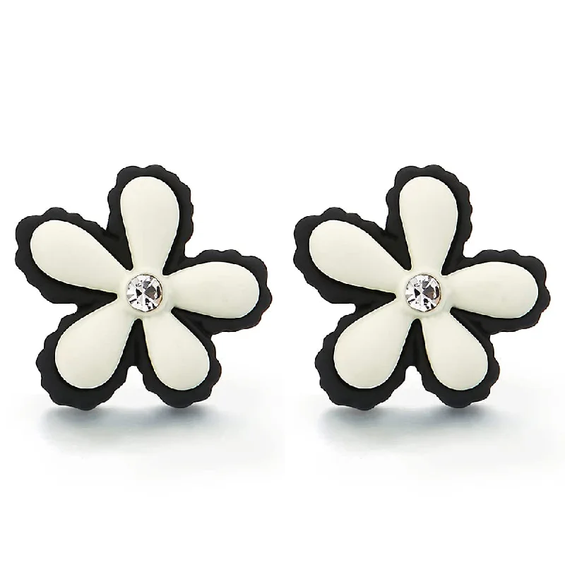 Hypoallergenic Stud Earrings for Sensitive -Lovely Black White Flower Statement Stud Earrings with Cubic Zirconia