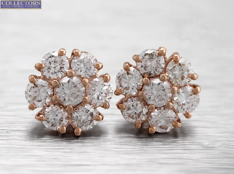 Large Stud Earrings for Statement -Lovely Ladies Estate 14K Rose Gold 2.41ctw Diamond Cluster Stud Earrings