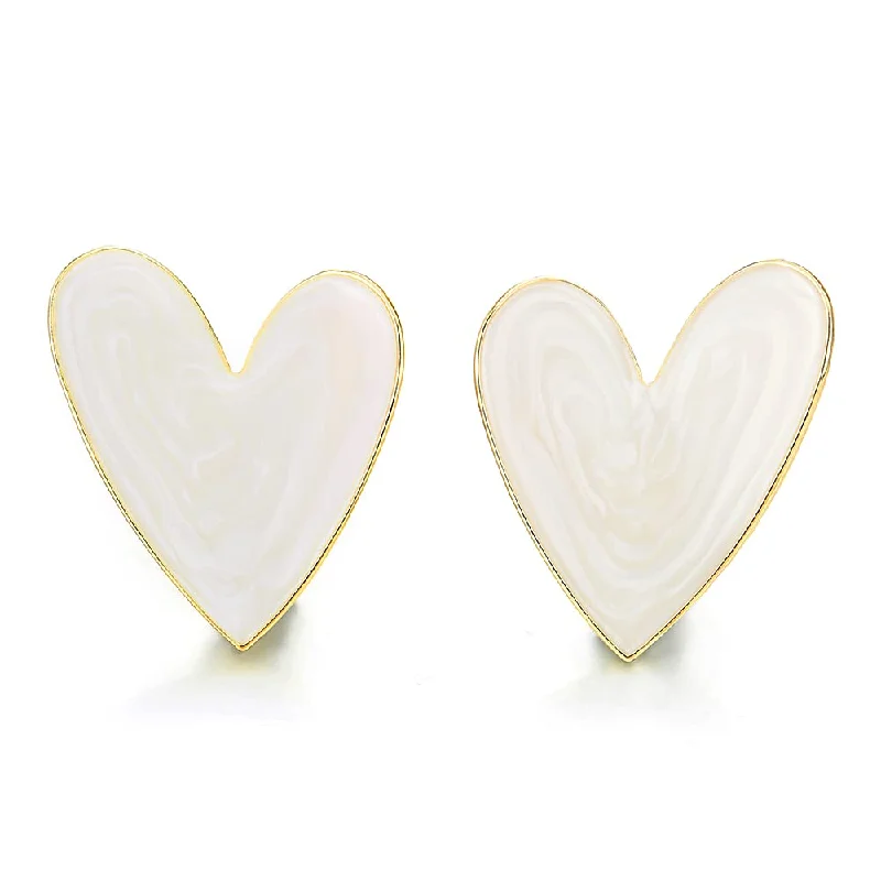 Waterproof Stud Earrings for Outdoor -Lovely Large Heart Gold Color Stud Earrings with White Enamel