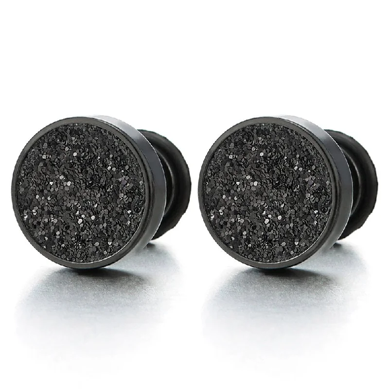 Stud Earrings for Mother's Day -Men Women Black Screw Circle Stud Earrings with Black Sand Glitter, Steel Cheater Fake Plugs Gauge