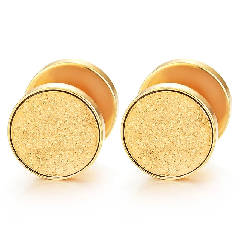 Stud Earrings for Wedding Ceremony -Men Women Gold Color Screw Circle Stud Earrings with Sand Glitter, Steel Cheater Fake Plugs Gauges