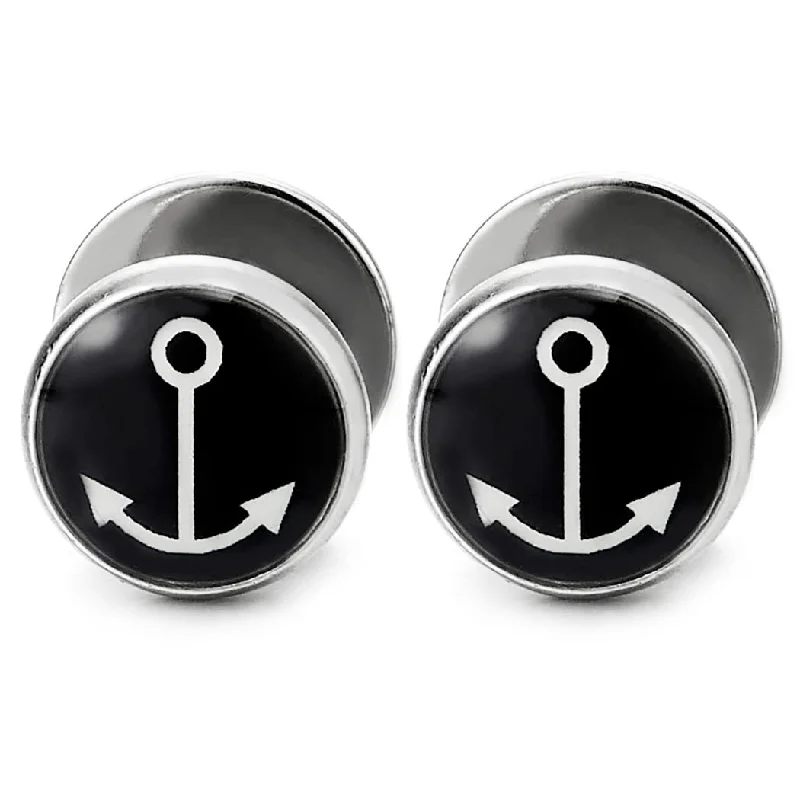 Stud Earrings for Office Wear -Mens Women 10MM Screw Stud Earrings with Anchor, Steel Cheater Fake Ear Plugs Gauges Illusion Tunnel