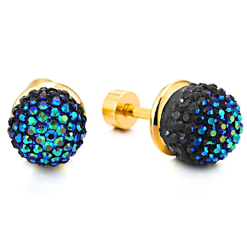 Stud Earrings for Anniversary -Mens Women Black Blue Rhinestone Cluster Ball Stud Earrings, Gold Color Stainless Steel, Screw Back